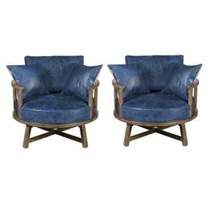 Home Square 2 Piece Swivel Leather Club Chair Set with Wood Base in Navy Blue | Homesquare