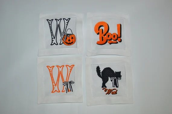 Personalized Halloween Linen Cocktail Napkins, Monogram Spooky Beverage Napkins, Hemstitched Line... | Etsy (US)