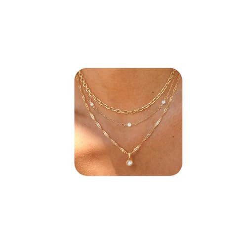 Gold Necklace Stack, Layered Necklaces for Women Girls Dainty Charm CZ Diamond Pendant Necklace Non Tarnish Waterproof Layering Choker Twist Chain Necklaces Trendy Jewelry Gift(CZ, Gold) | Amazon (US)