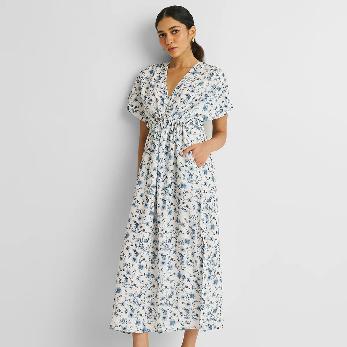 Gathered Maxi Dress in Blue Florals | Reistor