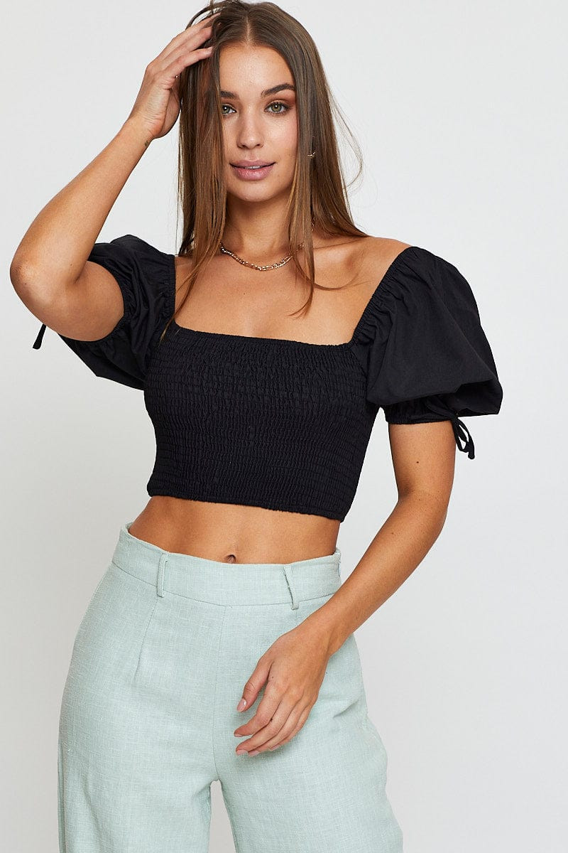 Women’s Black Puff Sleeve Top Short Sleeve Crop | Ally Fashion | Ally Fashion (US, Australia & New Zealand)
