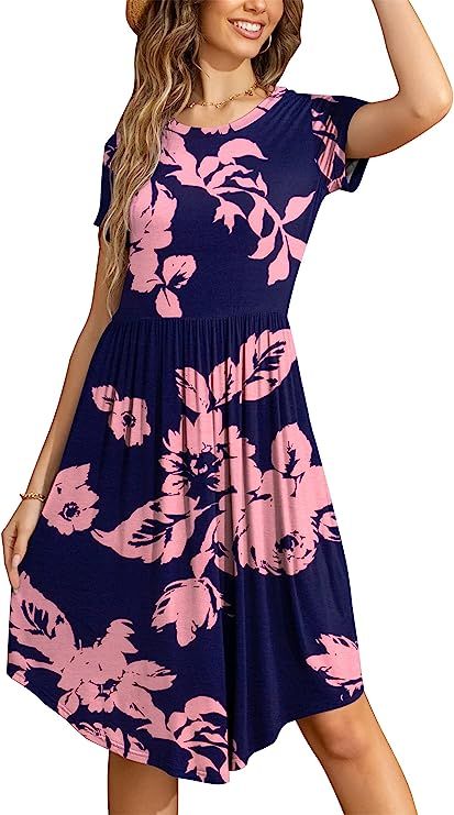 LAINAB Womens Short Sleeve Pocket Floral Print Patchwork Casual Swing Midi Dress | Amazon (US)