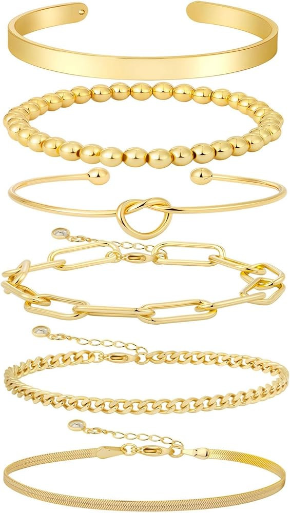 Gold Bracelets for women 14K Gold Bangle Bracelet Stack - Adjustable Waterproof Trendy Bracelets ... | Amazon (US)