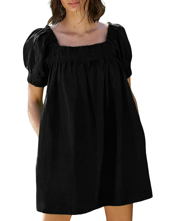 Huaqiao Womens Summer Linen Mini Dress Sundress 2025 A-Line Beach Casual Loose Dress with Pockets | Amazon (US)