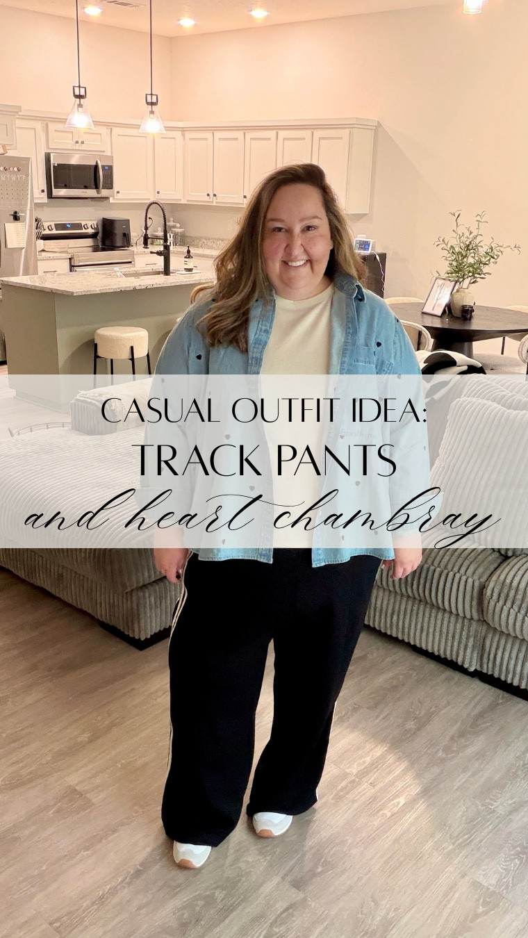 I don’t run but these track pants are my new fave 🤣😍 

This heart chambray shirt is back in stock so actually RUN to grab it before it sells out again! 

#rebekahelizstyle 

#LTKPlusSize #LTKootd #LTKValentine
