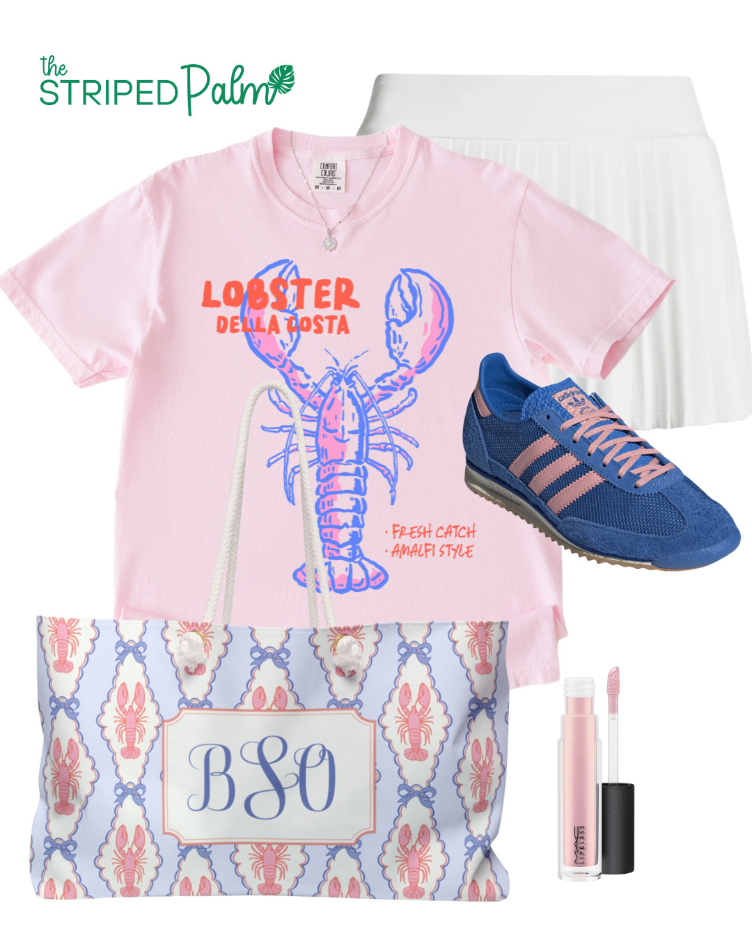 Sunkissed, sporty, and a little bit shellfish 🦞☀️

Serving up playful prep in this lobster-pink tee (straight from the Amalfi coast... in spirit), perfectly paired with a crisp pleated tennis skirt and retro sneakers in coastal blue + cotton candy stripes. The striped weekender? A must-have for beach days, pickleball brunches, or spontaneous road trips. Bonus points for the monogram 💕💁‍♀️ Shop everything linked 💗 

 #LTKSummerEdit #LTKFindsUnder50 #LTKTravel
