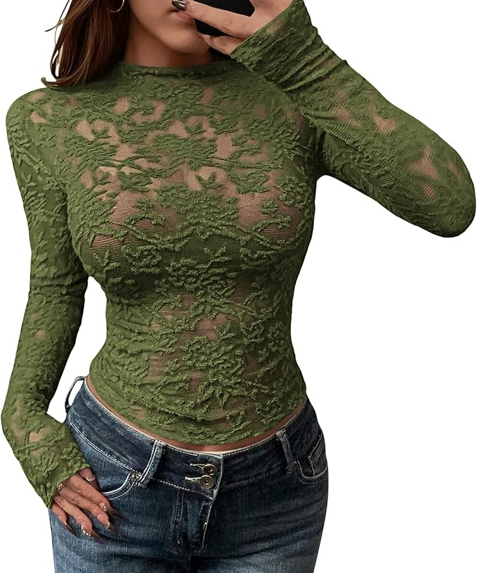 BTFBM Mesh Long Sleeve Tops for Women Lace Sexy Sheer See Through Crew Neck Tight Shirt Fall 2025... | Amazon (US)