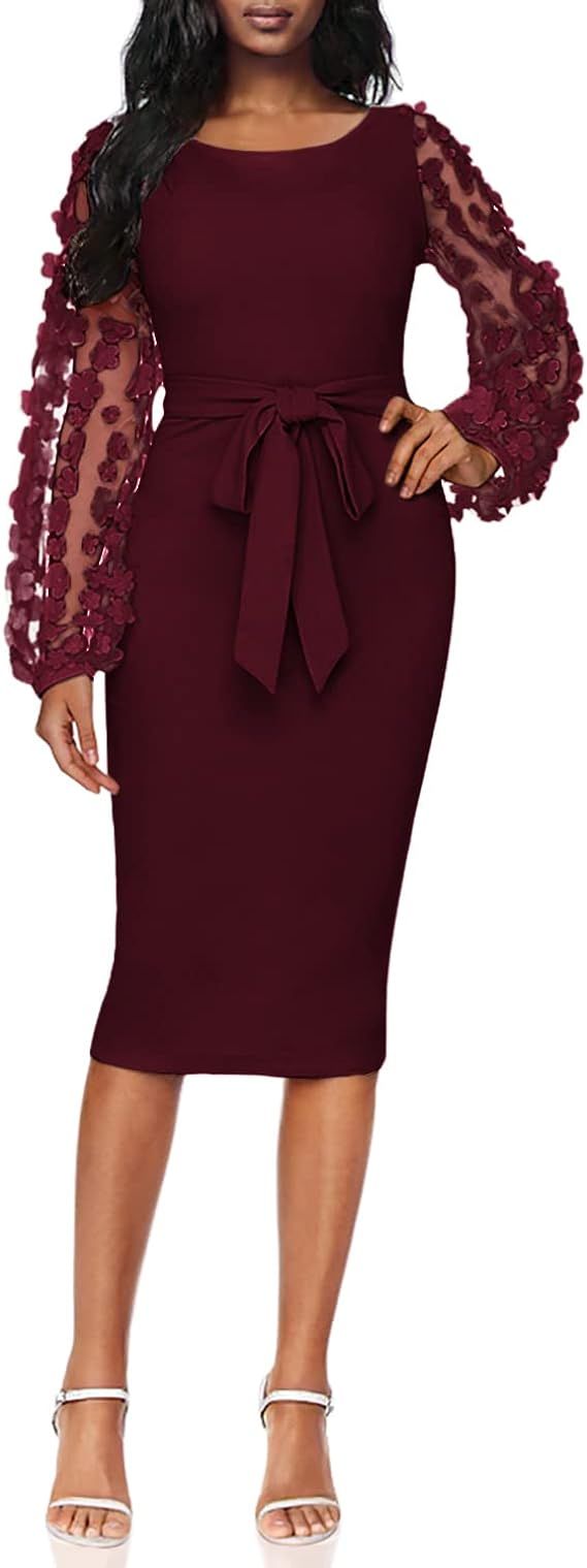 SheIn Women's Elegant Mesh Contrast Bishop Sleeve Bodycon Pencil Dress | Amazon (CA)