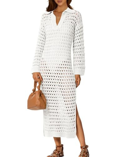 Saodimallsu Womens Crochet Swimsuit Cover Up V Neck Collared Long Sleeve Mesh Knit Long Beach Coverup Maxi Dress White | Amazon (US)