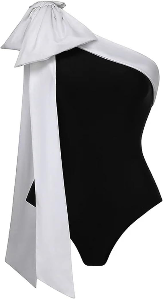 FLAXMAKER One Shoulder Black and White Big Bow Tie Color Block One Piece Vacation Beach Swimsuit ... | Amazon (US)