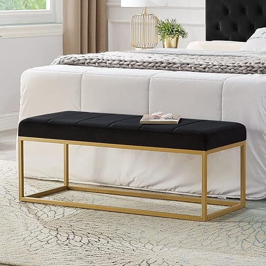 24KF Black Velvet Upholstered End of Bed Bench with Metal Frame, Modern Tufted Channel Entryway B... | Amazon (US)