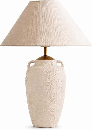 Amazon.com: Textured Ceramic Table Lamp with Linen Shade, Rustic Bedside Lamp, Beige | Handcrafte... | Amazon (US)