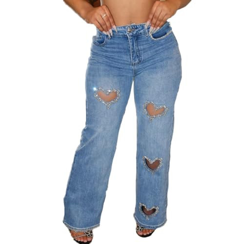 MIFJNF Heart Cutout Rhinestone Jeans for Women Y2k High Waist Straight Leg Baggy Denim Pants Womens Jeans Trendy (Blue,Large,Large) | Amazon (US)