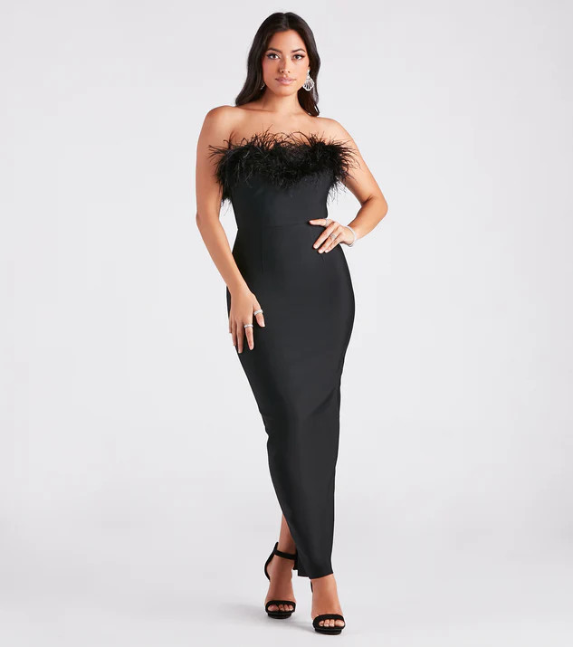 Olivia Formal Marabou Feather Bandage Dress | Windsor Stores