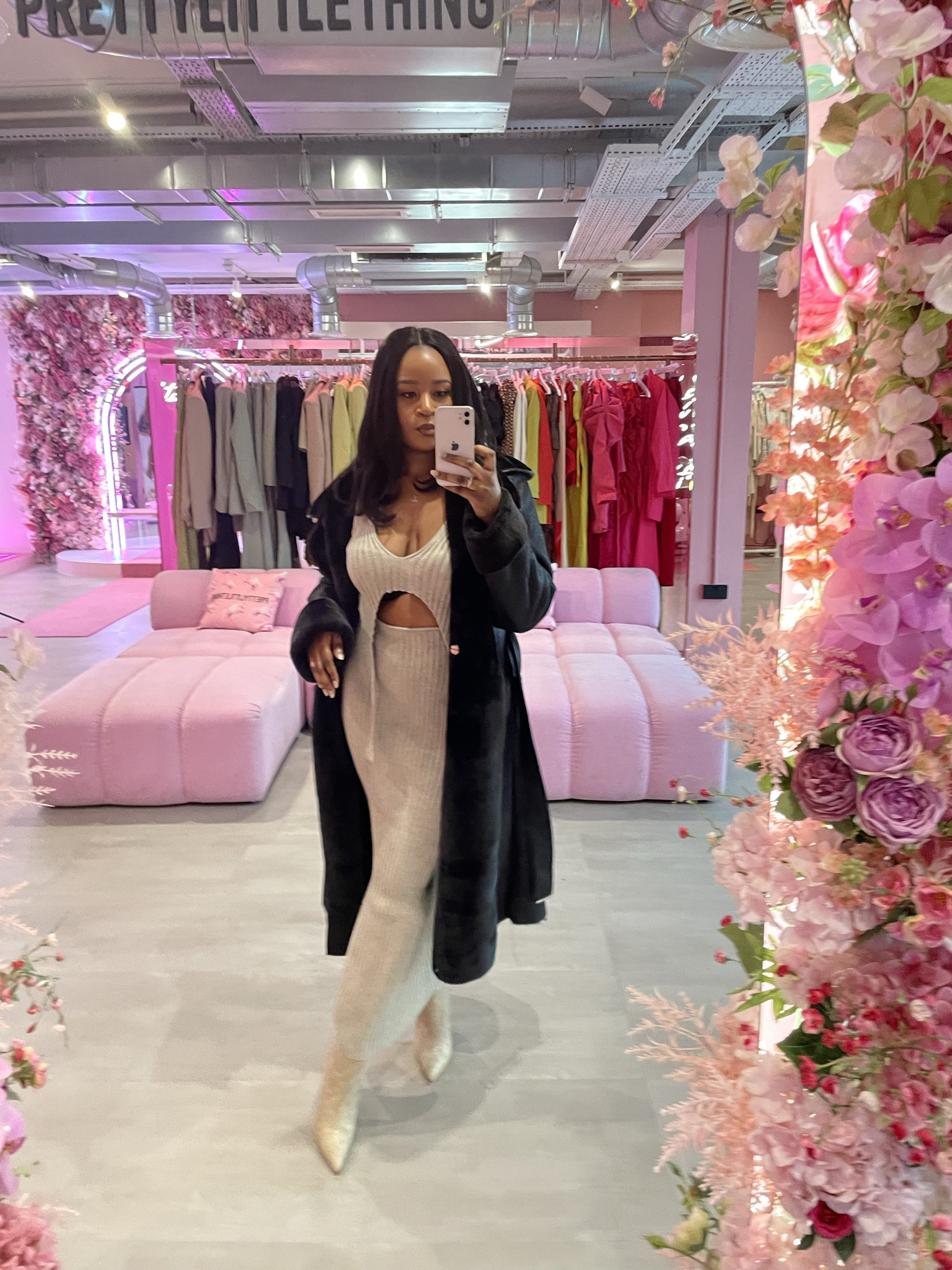 Molly Mae jacket black trench  Black Bonded PU Maxi Belted Coat, cream co ord and cream boots.

#LTKstyletip #LTKSeasonal #LTKparties