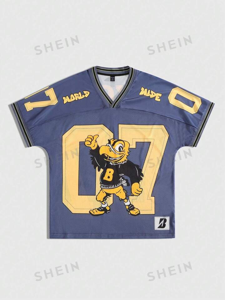 ROMWE Avant Men's Casual Cartoon Numeral Print Short Sleeve Jersey T-Shirt, Summer | SHEIN