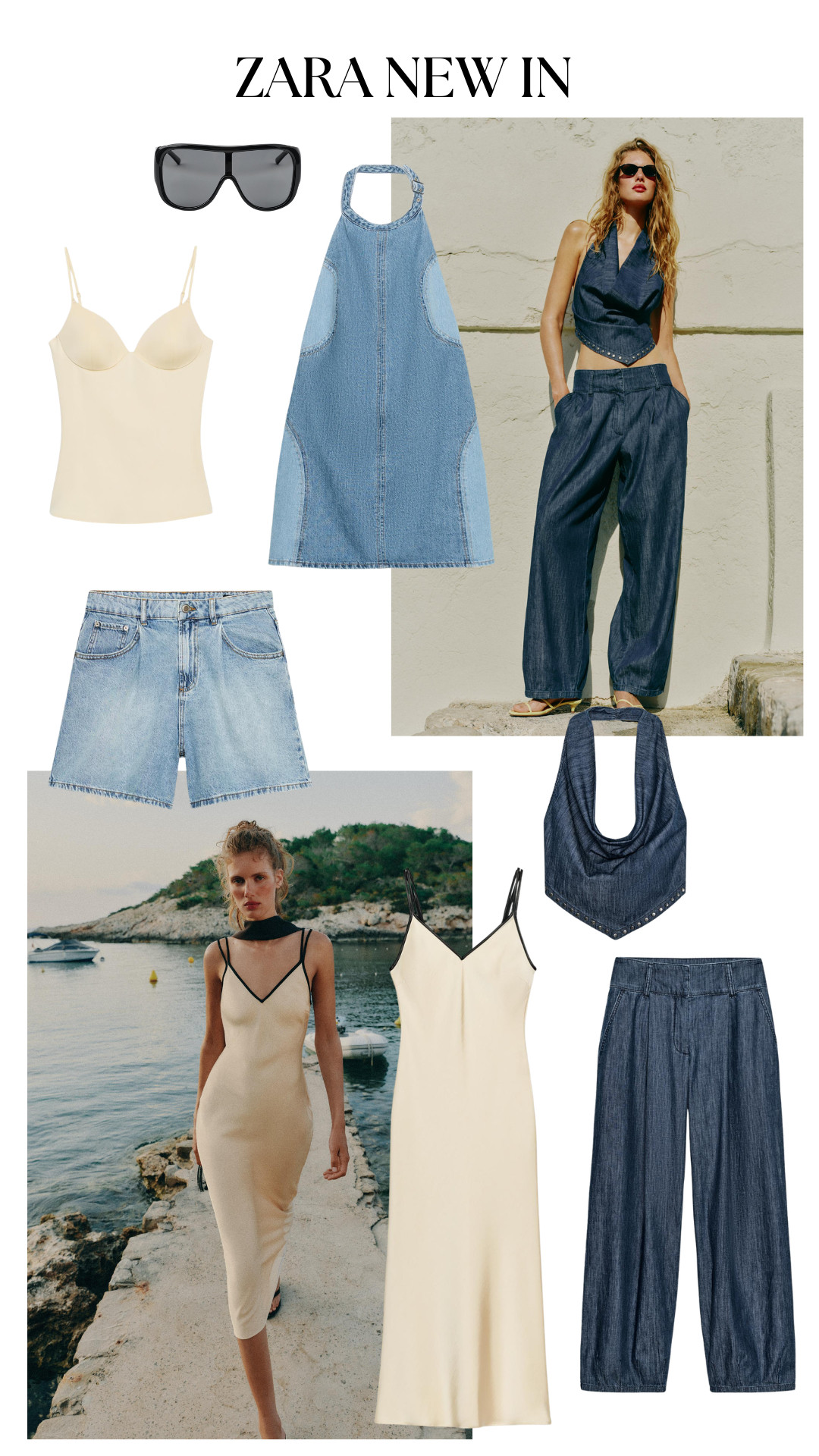  zara new in, zara fashion, denim halter dress, light wash denim dress, dark denim co-ord, denim waistcoat top, wide leg denim trousers, cream cami top, denim shorts, cream midi dress, contrast trim slip dress, black oversized sunglasses, denim shoulder bag, summer outfit, holiday style, resort wear, neutral fashion, blue denim, minimal chic, new season fashion 

 #LTKuk #LTKsummer #LTKeurope