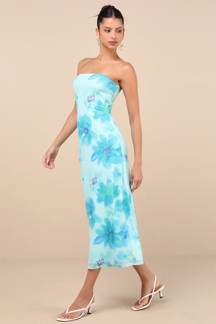 Jaylah Aqua Blue Floral Mesh Strapless Midi Dress | Lulus