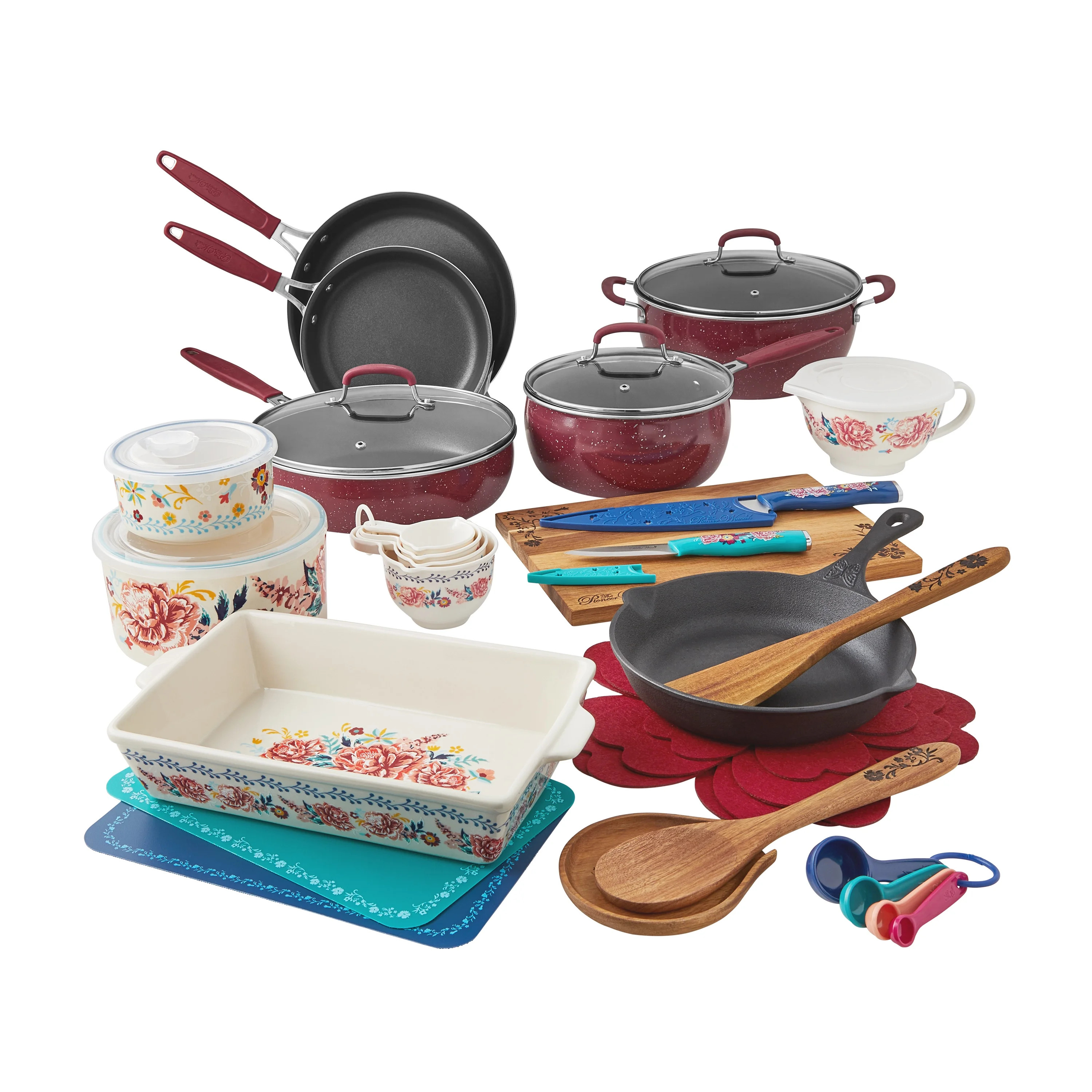 The Pioneer Woman Keepsake Floral 38-Piece Cookware Set, Merlot | Walmart (US)