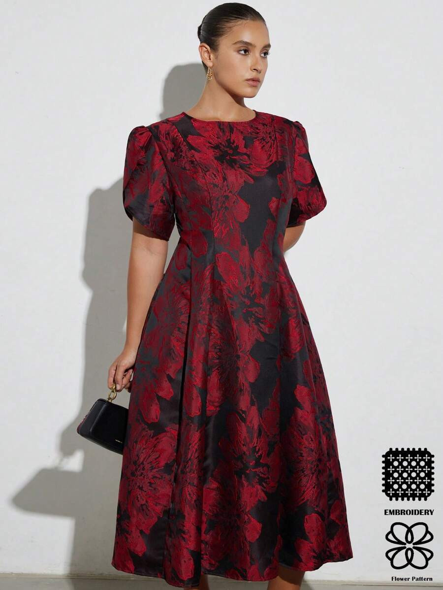 Aveloria Modichic Round Neck Petal Sleeve Jacquard Knit Commuter Daily Short Sleeve Dress | SHEIN
