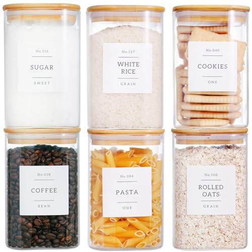 CZZGSM 6 Pack Square Kitchen Storage Jars with Airtight Bamboo Lids and 132 Pantry Labels - 35oz Glass Canisters With Wood Lids - Food Storage Containers for Coffee, Cookie, Tea, Spice | Amazon (US)