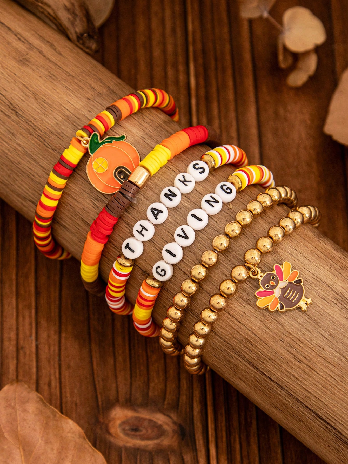 6pcs/Set Retro Minimalist Fashion Metal Pumpkin & Turkey Charm Bracelet, Layered Stretch Bead Bra... | SHEIN