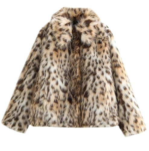 ebossy Women's Faux Fur Crop Jacket Long Sleeve Lapel Winter Warm Fluffly Leopard Pure Color Sherpa Coat (L, Leopard) | Amazon (US)