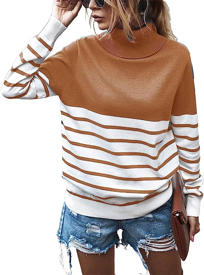 KIRUNDO Women’s Turtleneck Knitted Sweater Long Sleeves Stripe Color Block Patchwork Loose Ribb... | Amazon (US)