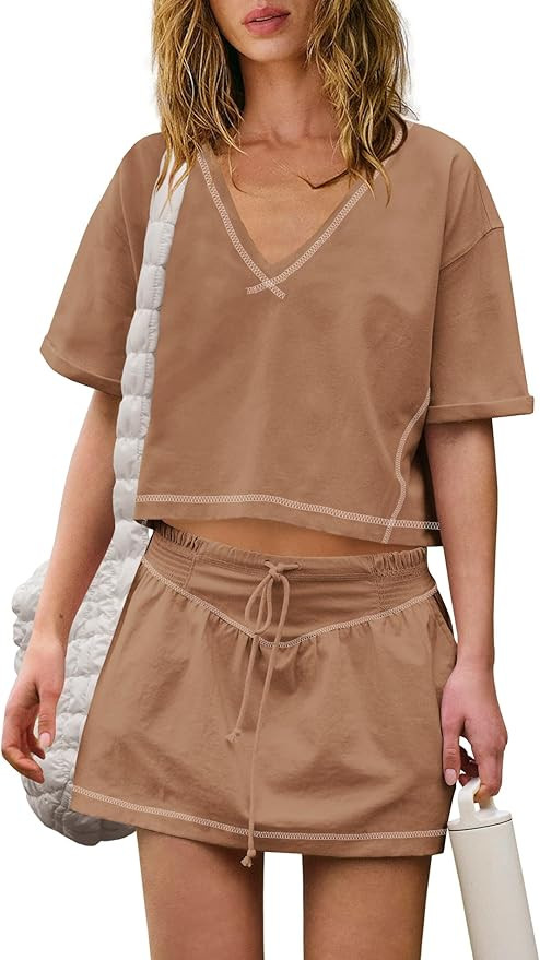 Yanekop Skort Sets Women 2 Piece Outfits Two Piece Matching Workout Sets Crop Tops and Mini Skirt... | Amazon (US)