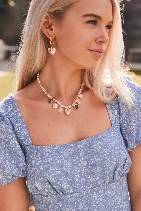 Adorably Eclectic Gold Pearl Rhinestone Charm Necklace | Lulus