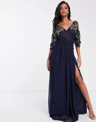 Virgos Lounge maxi dress with embellished cold shoulder sleeve in navy | ASOS (Global)