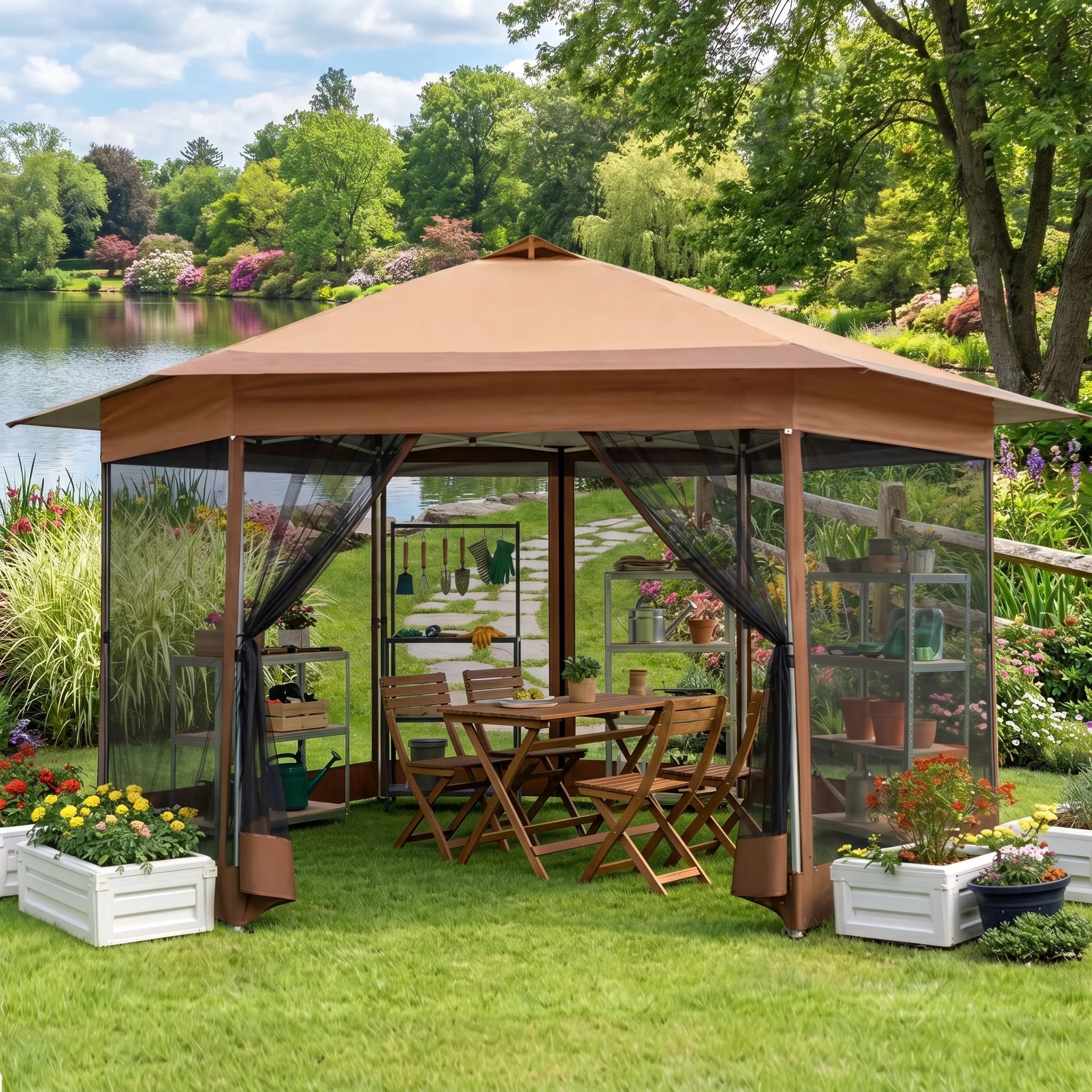 HOTEEL 16' x 16' Hexagon Pop-Up Gazebo Patio Outdoor Canopy Tent with Netting, Adjustable Height ... | Walmart (US)