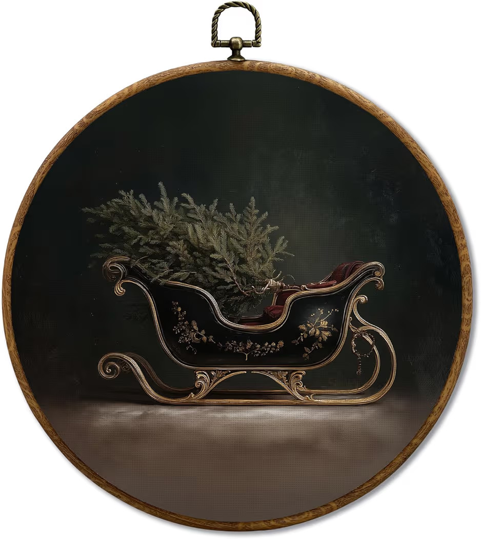 JUIOEIU Vintage Christmas Sleigh Round Wall Decor, Moody Christmas Framed Canvas Prints, Dark Rus... | Amazon (US)