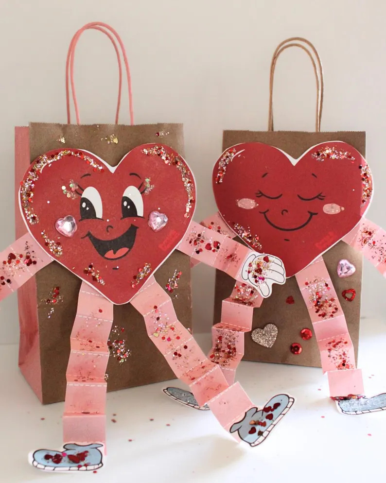 Kids DIY Valentine Gift Bag Craft Vintage Heart Art Activity Printable Template Retro Valentine's... | Etsy (US)