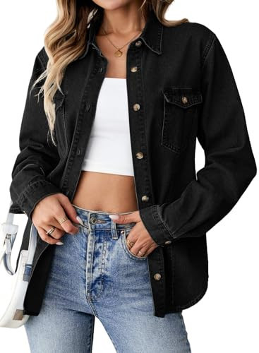 Sidefeel Womens Denim Tops Trendy Long Sleeve V Neck Button Down Denim Shirt Casual Oversized Shacket Tops Blouses Black 2XL | Amazon (US)
