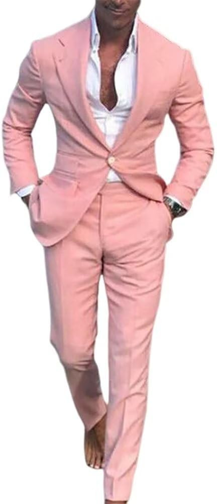 Men’s 2-Piece Slim Fit Suit Set Homecoming Suits One Button Pink Solid Jacket Pants Set for Men | Amazon (US)