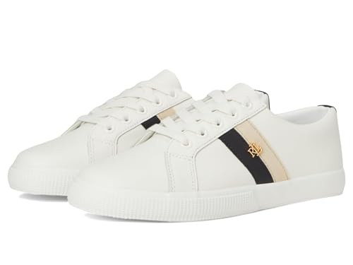 Lauren Ralph Lauren Women's Janson II Color-Blocked Leather Sneaker, SNW WHT/Black/Sand Dune, 7.5 | Amazon (US)