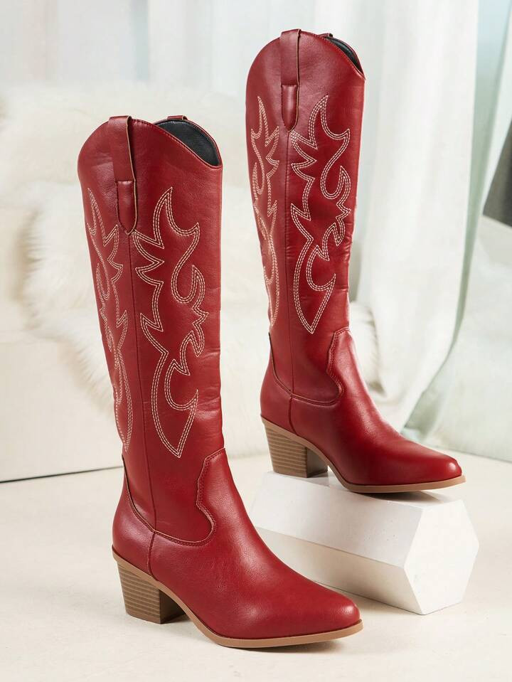 Fall/Winter 2025 New Fashion Pointed Toe Thick Heel Cowgirl Western Embroidery Booties,Cowboy Boots | SHEIN