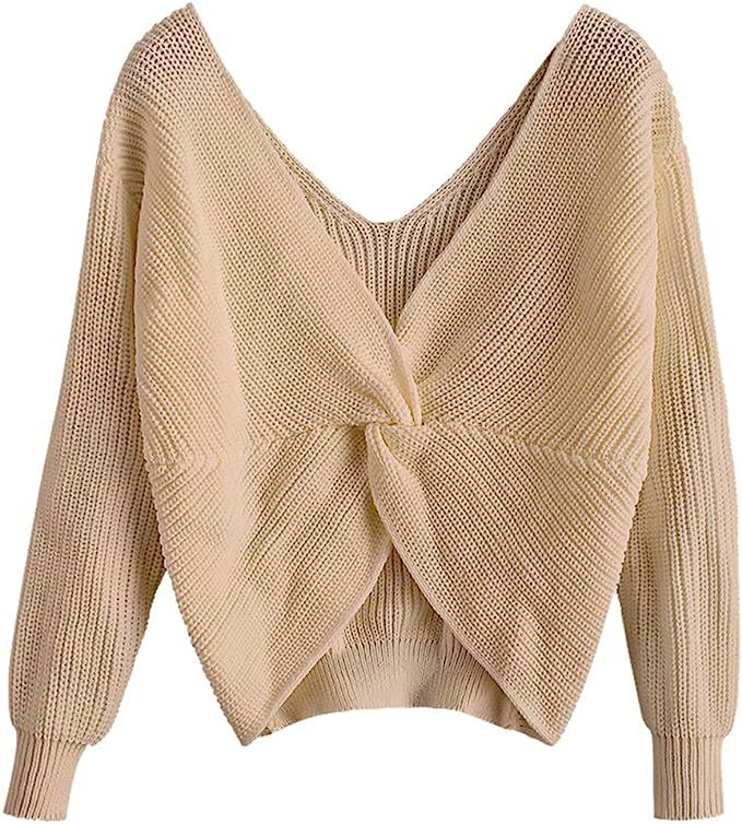 ZAFUL Women's V-Neck Criss Cross Twisted Back Pullover Knitted Sweater Jumper Crop Tops | Amazon (US)