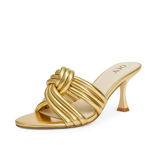 QIY Gold Sandals for Women Gold Heels Slip On Mule Heels Sandals Strappy Mule Heels Open Toe Knot Heels Summer Dress Shoes Size 9.5 | Amazon (US)