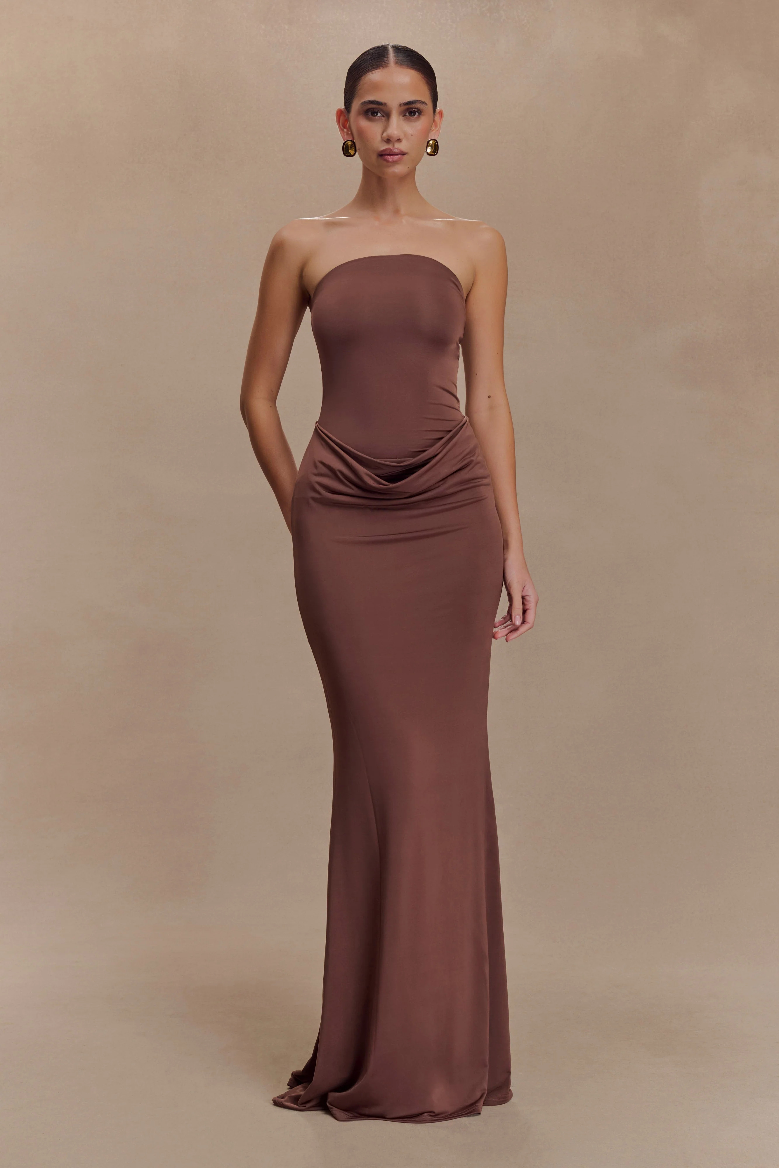 Madison Strapless Slinky Maxi Dress - Chocolate | MESHKI US
