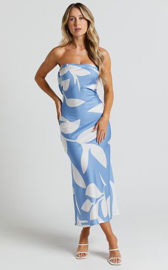 Madelyn Midi Dress - Strapless Palm Print Satin Dress in Blue / White Leaf Motif | Showpo (US, UK & Europe)