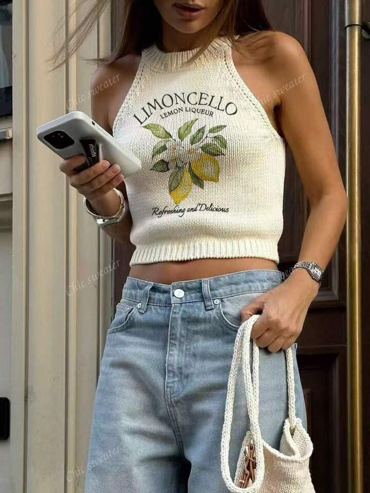 Summer New Round Neck Women Halter Lemon Pattern Print ,Simple Stylish,Suitable For Commuting,Summer Women Tops | SHEIN