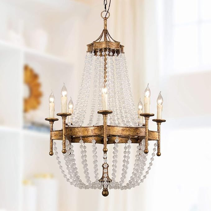 Ceiling Light Fixture Crystal Beaded Chandelier Light Dining Room Light, 20 Inch, Gold | Amazon (US)