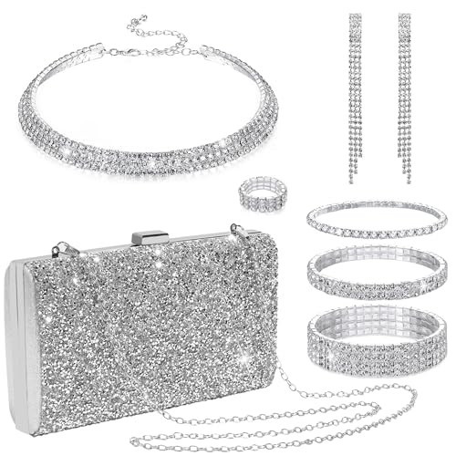 GIFIKOI 7Pcs Silver Clutch Purse Crystal Jewelry Set for Women Bride Wedding Tennis Stretch Bracelets Ring Earrings Shiny Silver Rhinestone Accessories Set for Evening Party | Amazon (US)