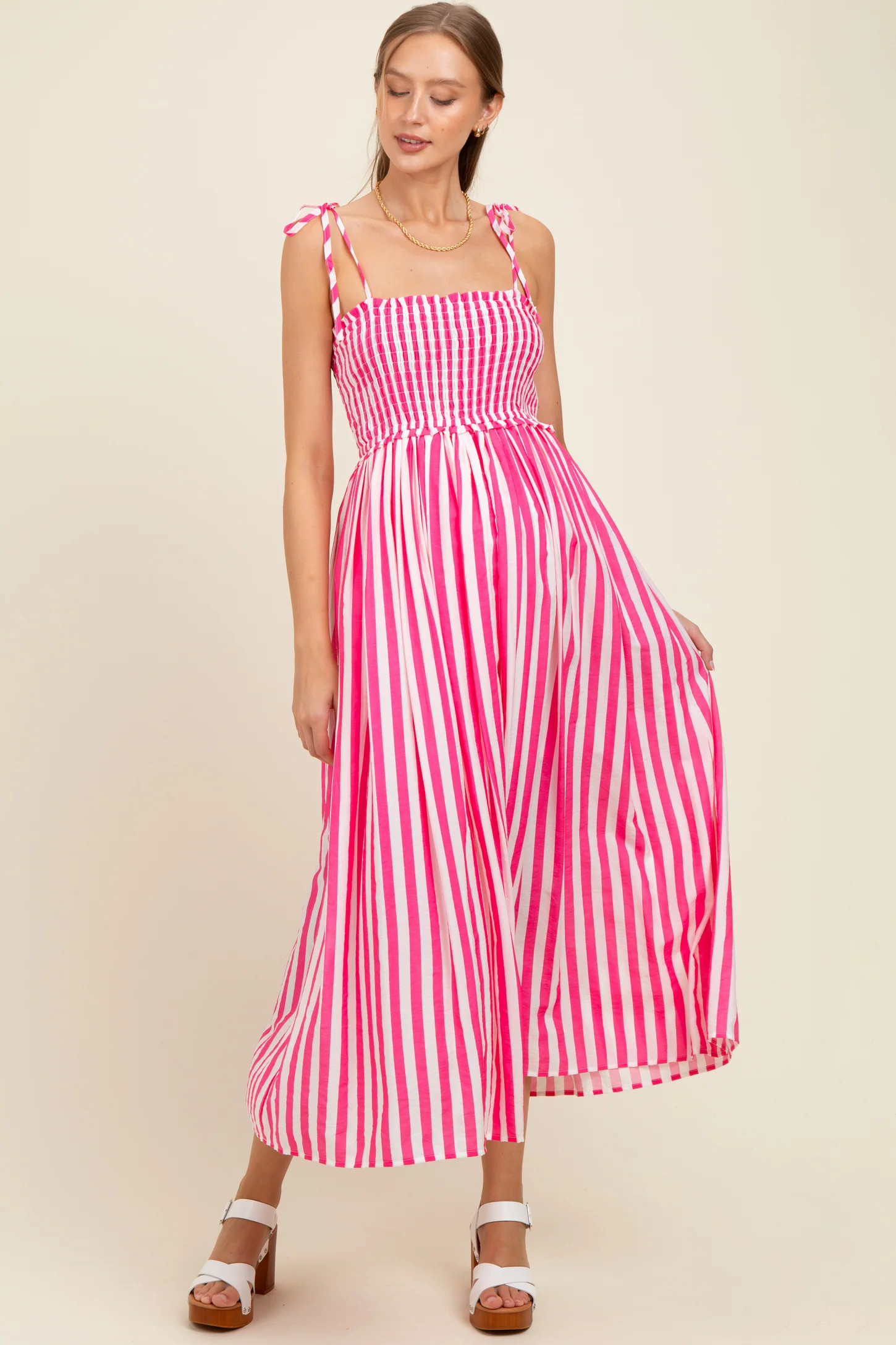 Pink Striped Smocked Shoulder Tie Maternity Midi Dress | PinkBlush Maternity