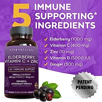 Viva Naturals Elderberry, Vitamin C, Zinc, Vitamin D 5000 IU & Ginger - Antioxidant & Immune Supp... | Amazon (US)
