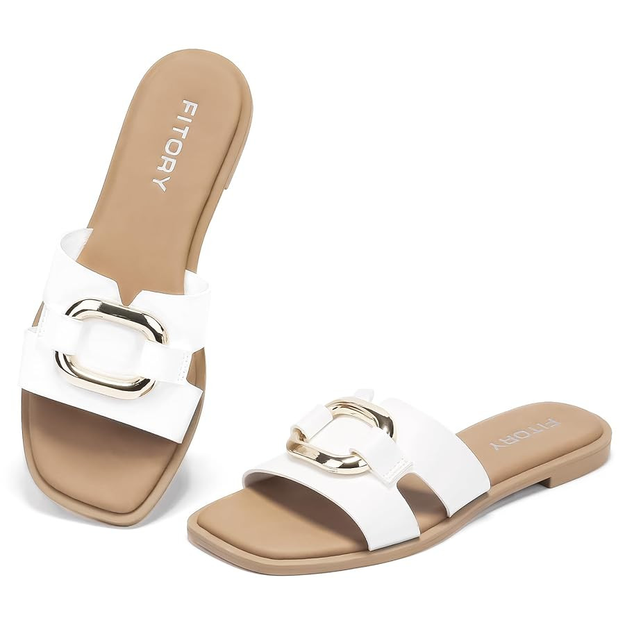 FITORY Women's Flat Sandals Fashion Square Open Toe Slides With Metal Chain Slippers for Summer S... | Amazon (US)