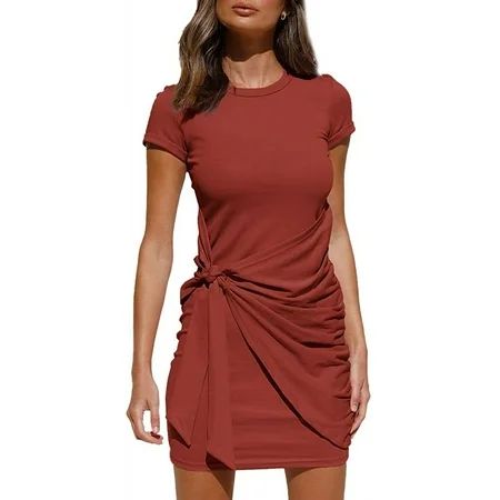 Women s Summer T Shirt Dress Casual Short Sleeve 2021 Crewneck Bodycon Ruched Tie Waist Mini Dresses | Walmart (US)