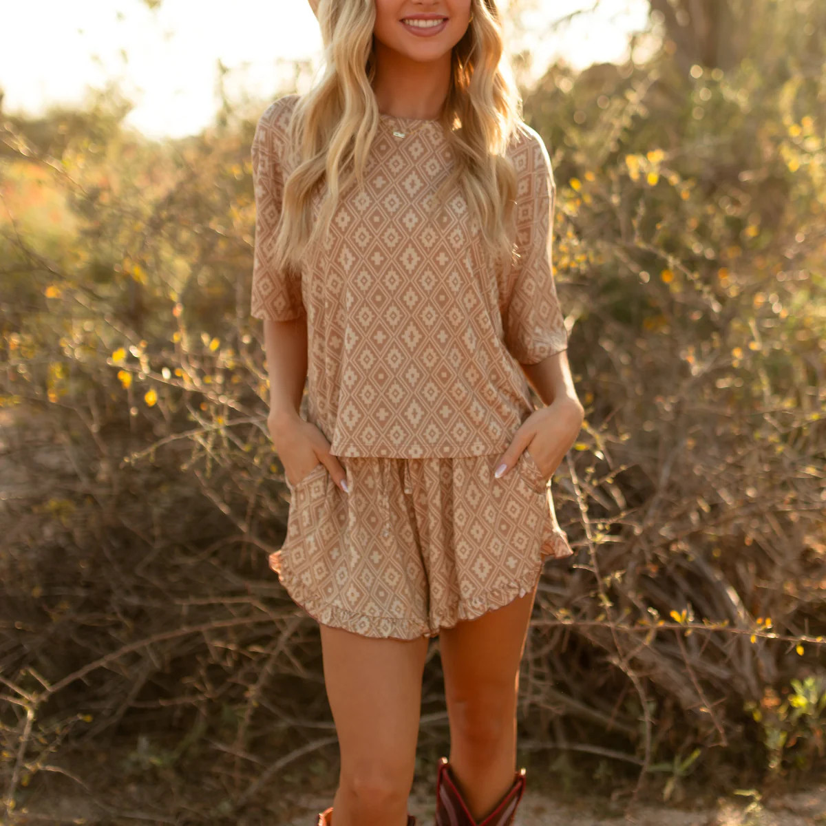 Women’s Ruffle Short Set in Aztec | Silks Design